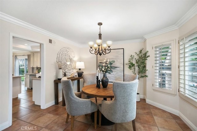 27692 Motherlode Ct, Laguna Niguel, CA 92677 - dining space featuring a chandelier, healthy amount of natural light, crown molding, and light tile patterned floors