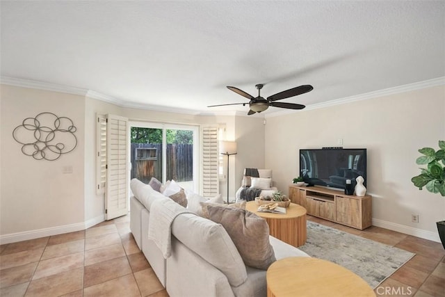 27692 Motherlode Ct, Laguna Niguel, CA 92677 - living room featuring crown molding, a ceiling fan, and light tile patterned flooring