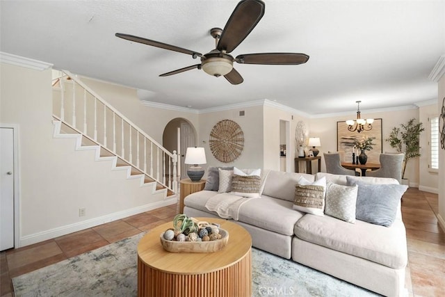 27692 Motherlode Ct, Laguna Niguel, CA 92677 - living area featuring ceiling fan, stairs, a chandelier, crown molding, and arched walkways