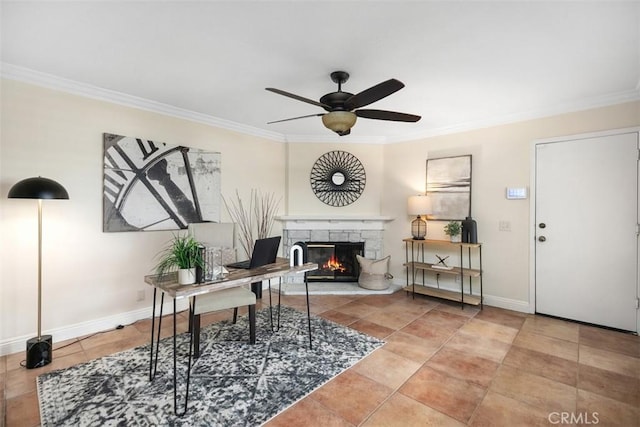 27692 Motherlode Ct, Laguna Niguel, CA 92677 - office space featuring ornamental molding, a fireplace, and ceiling fan
