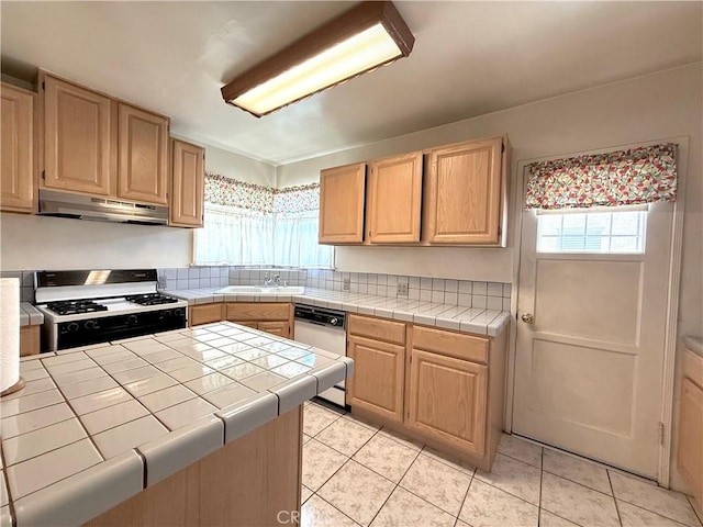 1444 N Maple St, Burbank, CA 91505 - kitchen featuring under cabinet range hood, white appliances, light brown cabinetry, tile countertops, and light tile patterned flooring