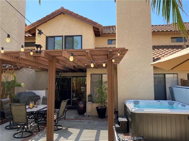 1225 Lima Cir Unit 18, Placentia, CA 92870 - view of patio / terrace with a hot tub, a pergola, outdoor dining space, and grilling area
