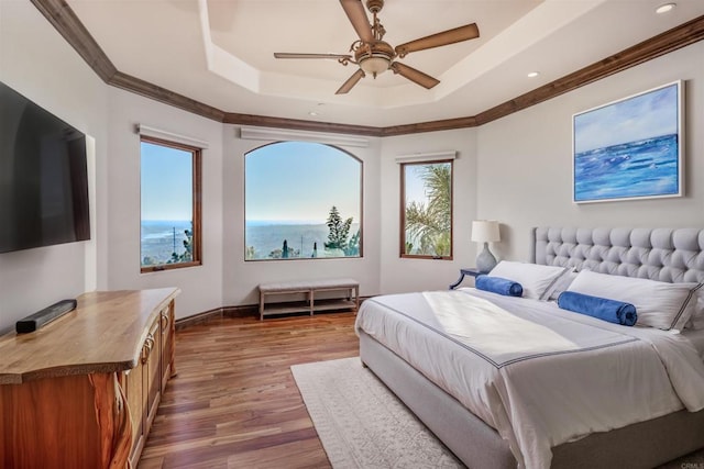 7133 Obelisco Cir, Carlsbad, CA 92009 - bedroom with a raised ceiling, wood finished floors, crown molding, ceiling fan, and recessed lighting