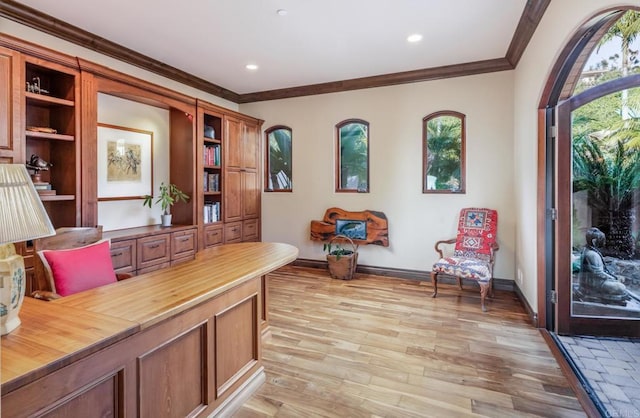 7133 Obelisco Cir, Carlsbad, CA 92009 - office area with crown molding, baseboards, light wood-style flooring, and recessed lighting