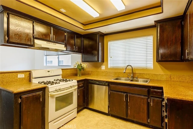 18550 Hatteras St Unit 7, Tarzana, CA 91356 - kitchen featuring white gas range oven, stainless steel dishwasher, under cabinet range hood, a sink, and a raised ceiling