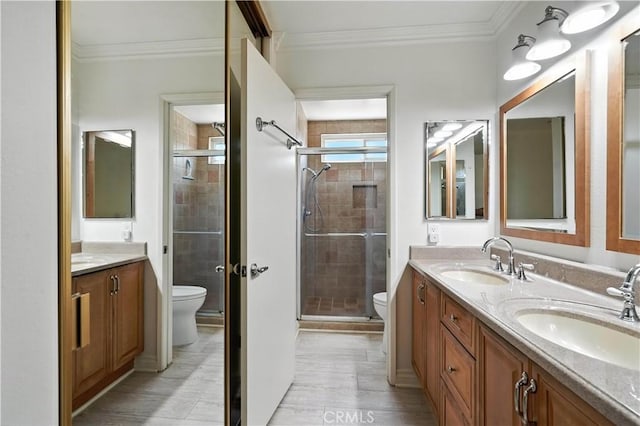 19401 Twin Hills Pl, Porter Ranch, CA 91326 - full bath with double vanity, a stall shower, and ornamental molding