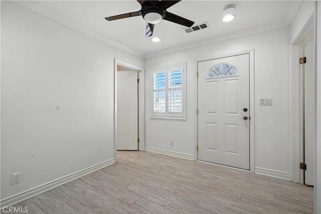 19401 Twin Hills Pl, Porter Ranch, CA 91326 - foyer featuring a ceiling fan, light wood-type flooring, ornamental molding, and recessed lighting