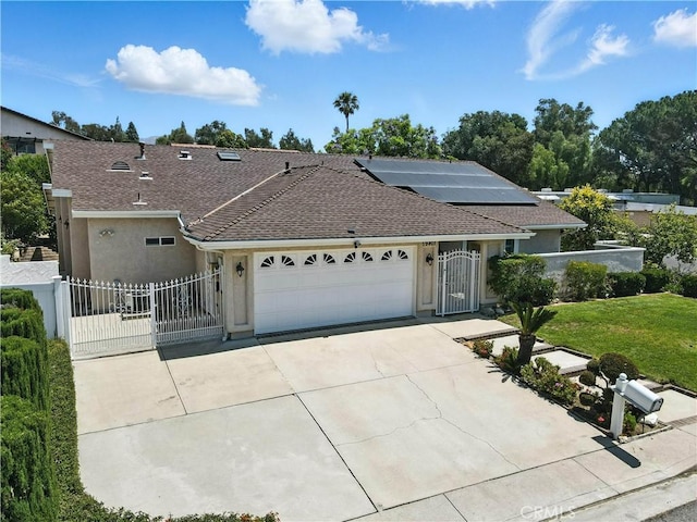 19401 Twin Hills Pl, Porter Ranch, CA 91326 - single story home featuring a gate, stucco siding, an attached garage, a shingled roof, and concrete driveway