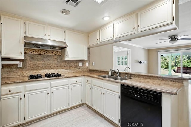 19401 Twin Hills Pl, Porter Ranch, CA 91326 - kitchen featuring black appliances, a peninsula, under cabinet range hood, decorative backsplash, and crown molding