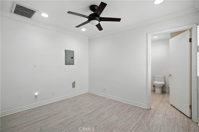 19401 Twin Hills Pl, Porter Ranch, CA 91326 - unfurnished bedroom with electric panel, light wood finished floors, ornamental molding, recessed lighting, and ensuite bath