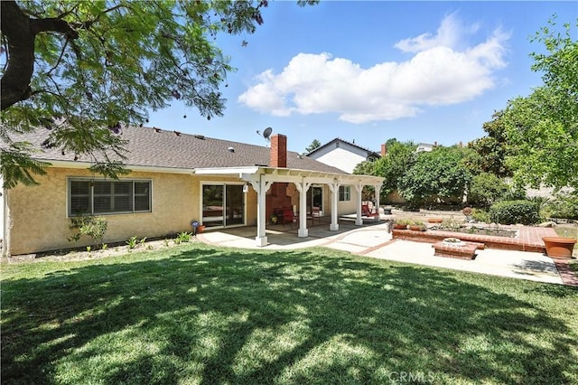 19401 Twin Hills Pl, Porter Ranch, CA 91326 - rear view of property with a patio, stucco siding, a lawn, a chimney, and roof with shingles