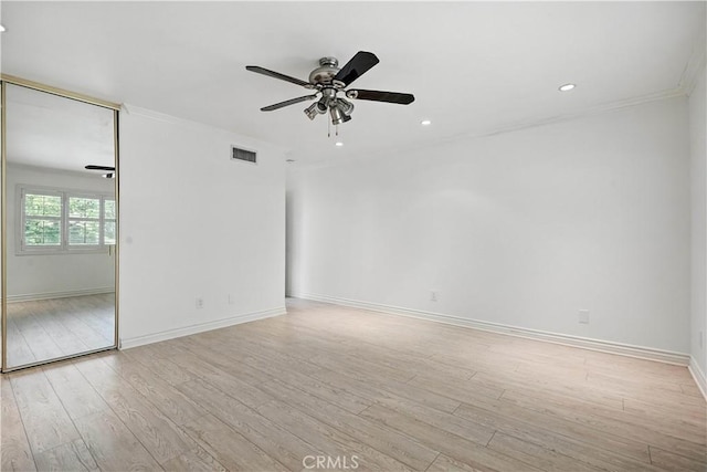 19401 Twin Hills Pl, Porter Ranch, CA 91326 - empty room featuring a ceiling fan, light wood-type flooring, ornamental molding, and recessed lighting
