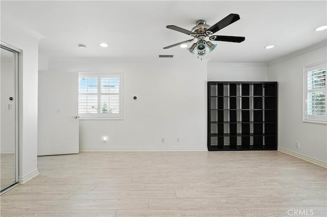 19401 Twin Hills Pl, Porter Ranch, CA 91326 - empty room featuring ceiling fan, light wood finished floors, crown molding, and recessed lighting