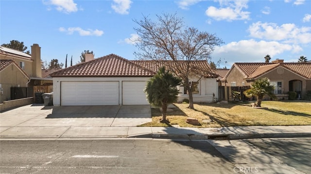 1512 Kings Rd, Palmdale, CA 93551 - view of front of property featuring a tiled roof, concrete driveway, stucco siding, a chimney, and a garage