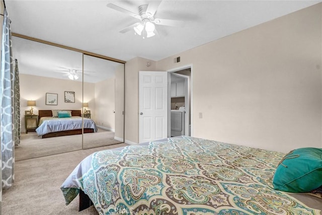 4144 Rainwood Ave, Yorba Linda, CA 92886 - carpeted bedroom featuring a closet, a ceiling fan, and washer / dryer