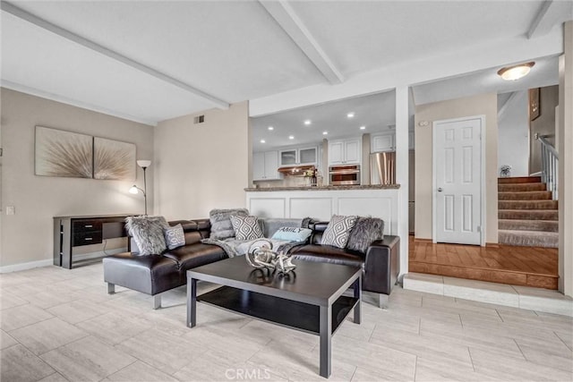4144 Rainwood Ave, Yorba Linda, CA 92886 - living area with beamed ceiling, stairway, and recessed lighting