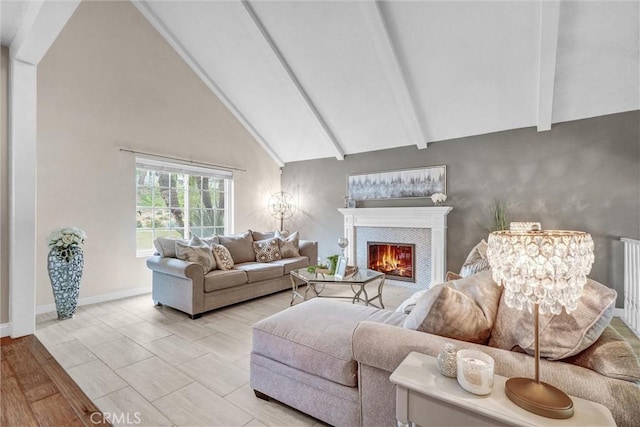 4144 Rainwood Ave, Yorba Linda, CA 92886 - living room featuring a fireplace, beam ceiling, and high vaulted ceiling