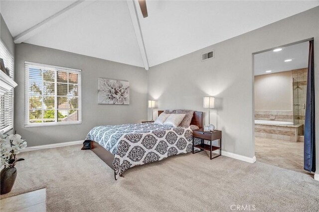 4144 Rainwood Ave, Yorba Linda, CA 92886 - bedroom with carpet, beamed ceiling, ensuite bath, a ceiling fan, and high vaulted ceiling