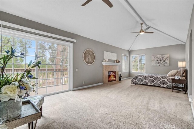 4144 Rainwood Ave, Yorba Linda, CA 92886 - bedroom with access to outside, carpet, beam ceiling, a fireplace with flush hearth, and a ceiling fan