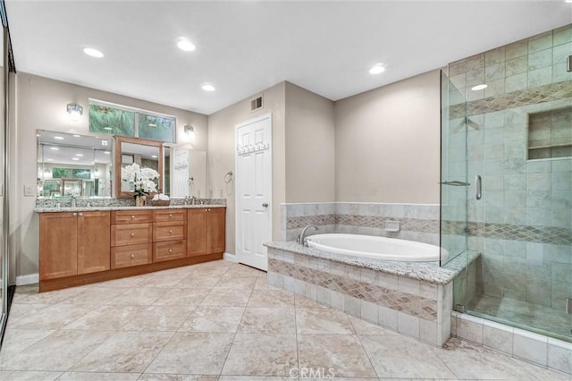4144 Rainwood Ave, Yorba Linda, CA 92886 - full bath featuring a bath, double vanity, a stall shower, and recessed lighting
