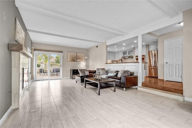 4144 Rainwood Ave, Yorba Linda, CA 92886 - living area with beam ceiling, light wood-style flooring, and recessed lighting