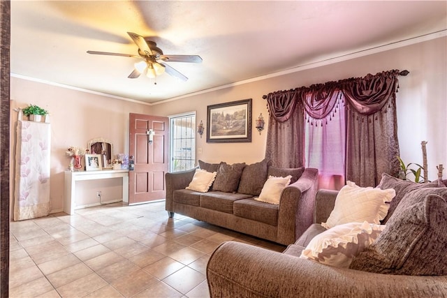 10752 Weigand Ave, Los Angeles, CA 90059 - living room featuring light tile patterned flooring, ceiling fan, and crown molding