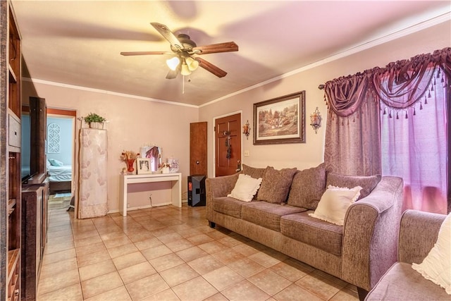 10752 Weigand Ave, Los Angeles, CA 90059 - living room with light tile patterned floors, a ceiling fan, and crown molding