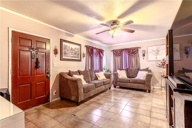10752 Weigand Ave, Los Angeles, CA 90059 - living area featuring crown molding, ceiling fan, light tile patterned flooring, and baseboards