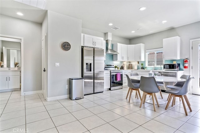 13176 Quinta Way, Desert Hot Springs, CA 92240 - kitchen featuring stainless steel appliances, tasteful backsplash, white cabinets, light countertops, and wall chimney range hood
