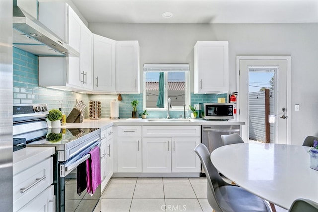 13176 Quinta Way, Desert Hot Springs, CA 92240 - kitchen with appliances with stainless steel finishes, wall chimney range hood, a sink, and light countertops