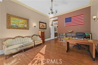 225 N Lima St, Sierra Madre, CA 91024 - office featuring crown molding, a chandelier, wood finished floors, and baseboards