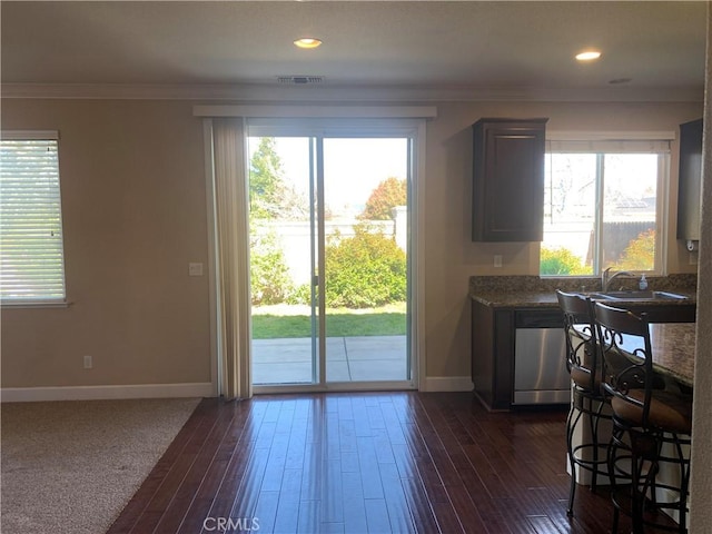 538 Burnt Ranch Way, Chico, CA 95973 - kitchen featuring dishwasher, dark wood-style flooring, and ornamental molding
