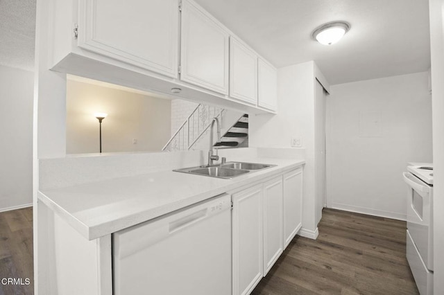 2692 Anchor Ave, Port Hueneme, CA 93041 - kitchen with white appliances, dark wood-style flooring, white cabinetry, light countertops, and tasteful backsplash