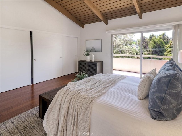 5924 S Pacific Coast Hwy Unit 22, Redondo Beach, CA 90277 - bedroom with access to exterior, wood finished floors, and wooden ceiling
