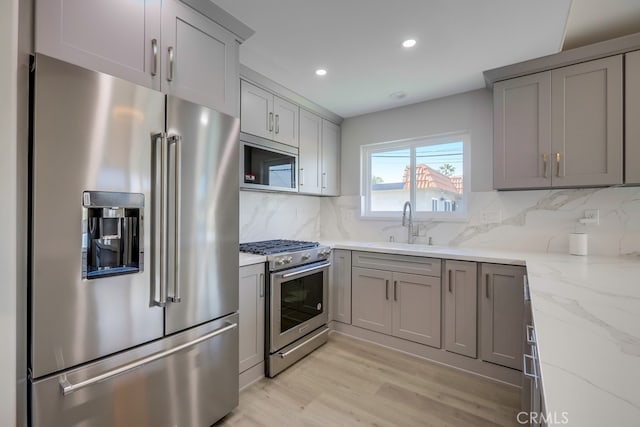 627 7th St, Huntington Beach, CA 92648 - kitchen with appliances with stainless steel finishes, gray cabinetry, and recessed lighting