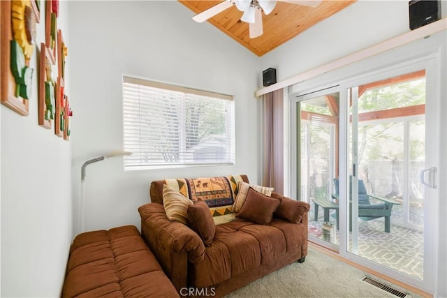 2340 Deep Creek Dr, Running Springs, CA 92382 - living room featuring lofted ceiling, healthy amount of natural light, wooden ceiling, and a ceiling fan