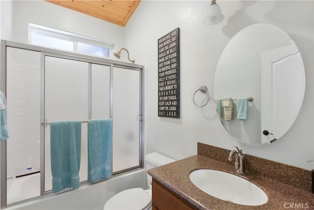 2340 Deep Creek Dr, Running Springs, CA 92382 - bathroom featuring vanity, shower / bath combination with glass door, toilet, and wood ceiling