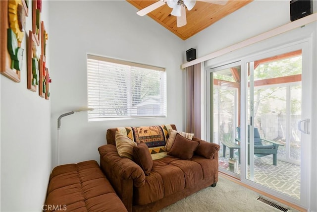 2340 Deep Creek Dr, Running Springs, CA 92382 - living room featuring lofted ceiling, healthy amount of natural light, wood ceiling, and ceiling fan