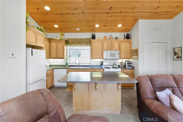 2340 Deep Creek Dr, Running Springs, CA 92382 - kitchen featuring white appliances, open floor plan, wood ceiling, light brown cabinets, and a sink