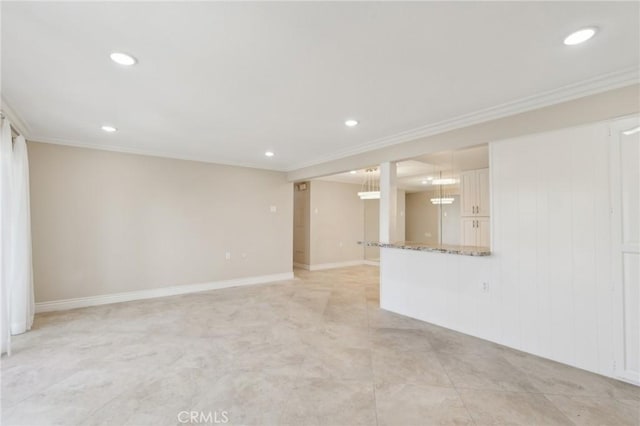879 Via Mendoza Unit B, Laguna Woods, CA 92637 - unfurnished living room featuring recessed lighting, ornamental molding, and baseboards