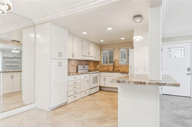 879 Via Mendoza Unit B, Laguna Woods, CA 92637 - kitchen with white electric range, white cabinets, crown molding, backsplash, and recessed lighting