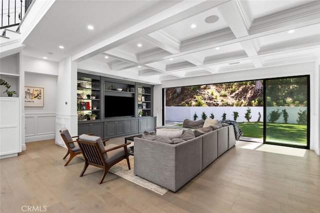 3914 Woodfield Dr, Sherman Oaks, CA 91403 - living area with light wood finished floors, beamed ceiling, coffered ceiling, recessed lighting, and crown molding