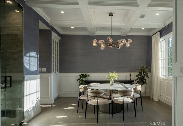 3914 Woodfield Dr, Sherman Oaks, CA 91403 - dining room with light wood-style floors, recessed lighting, beam ceiling, coffered ceiling, and a chandelier