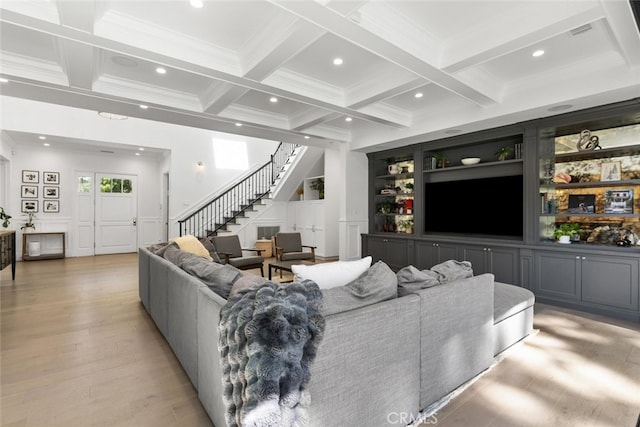 3914 Woodfield Dr, Sherman Oaks, CA 91403 - living area with stairway, coffered ceiling, beam ceiling, recessed lighting, and light wood-type flooring