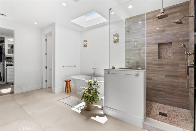 3914 Woodfield Dr, Sherman Oaks, CA 91403 - full bath featuring a tile shower, a soaking tub, a skylight, tile patterned floors, and recessed lighting