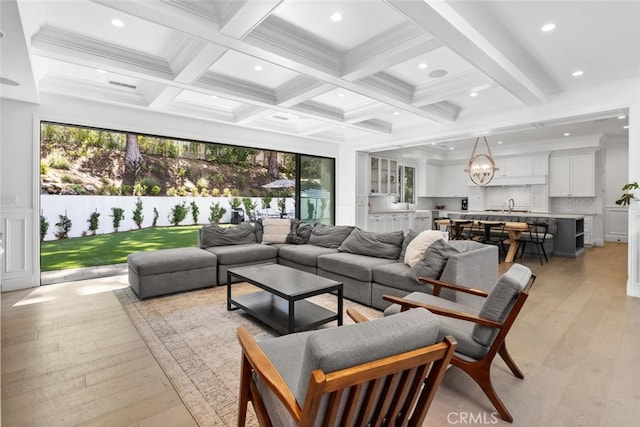 3914 Woodfield Dr, Sherman Oaks, CA 91403 - living room featuring coffered ceiling, beam ceiling, light wood-style floors, recessed lighting, and a chandelier