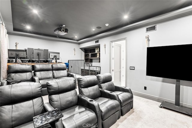 3914 Woodfield Dr, Sherman Oaks, CA 91403 - home theater room featuring carpet flooring, baseboards, recessed lighting, a raised ceiling, and ornamental molding