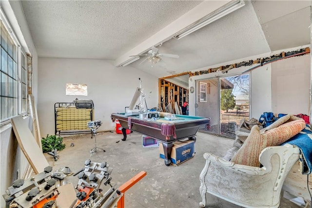 26447 20 Mule Team Rd, Boron, CA 93516 - playroom featuring a textured ceiling, concrete floors, billiards table, and ceiling fan