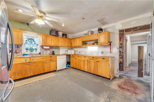 26447 20 Mule Team Rd, Boron, CA 93516 - kitchen featuring freestanding refrigerator, white dishwasher, concrete flooring, and light countertops