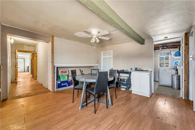26447 20 Mule Team Rd, Boron, CA 93516 - dining space with washer / clothes dryer, light wood-style floors, ceiling fan, a textured ceiling, and beam ceiling